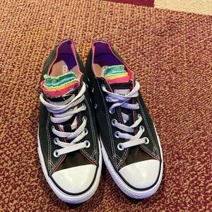 Converse All Star Low-Top Sneaker in Black and White with Rainbow Tongue Accent